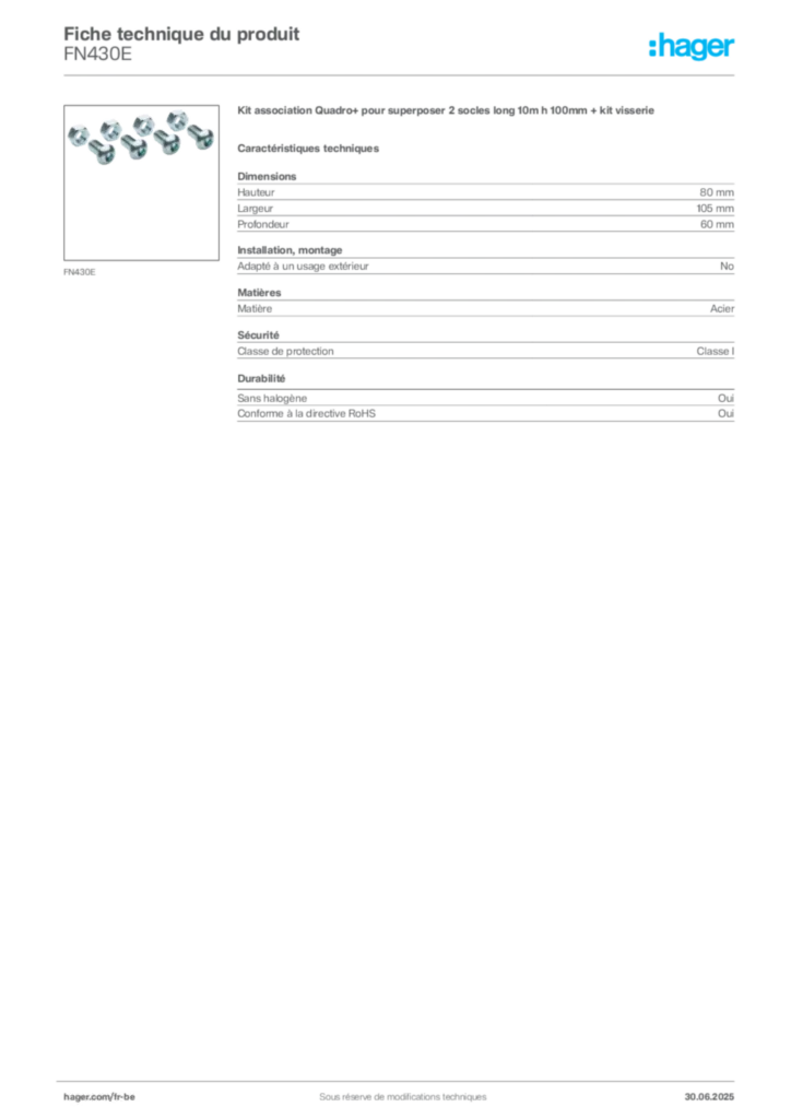 Image Hager Fiche technique du produit FN430E | Hager Belgique