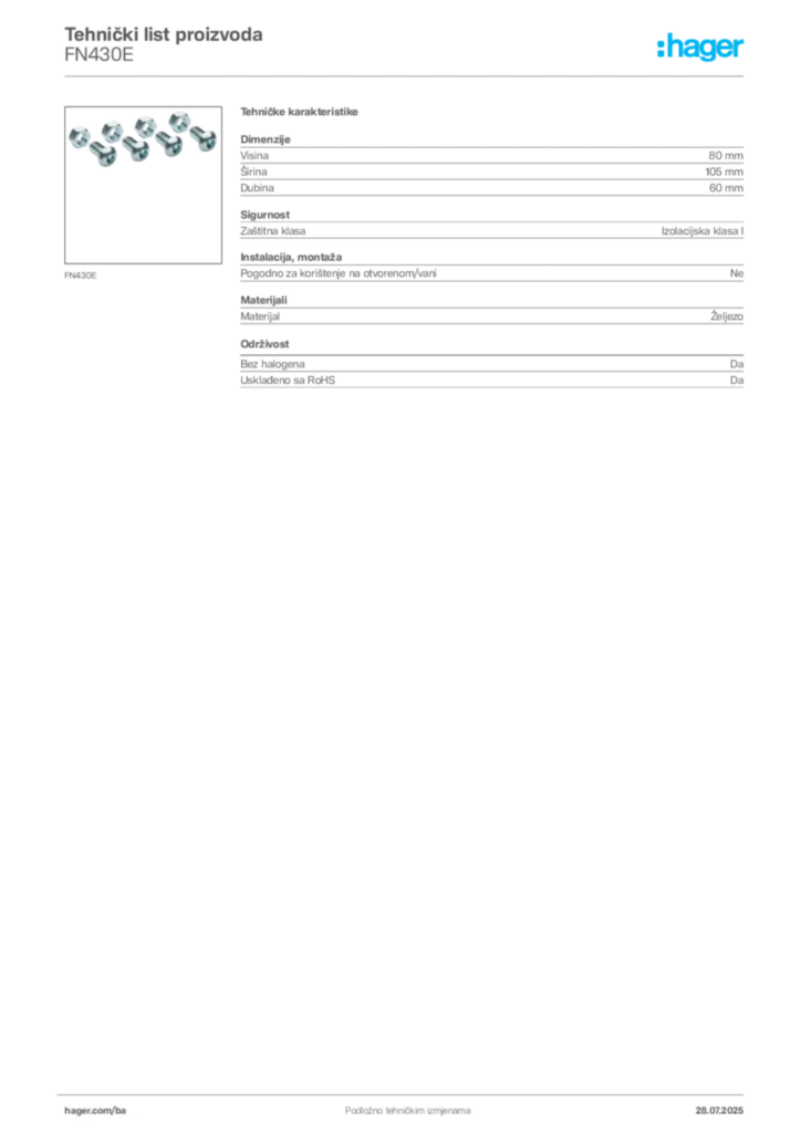 Slika Hager Product data sheet FN430E  | Hager
