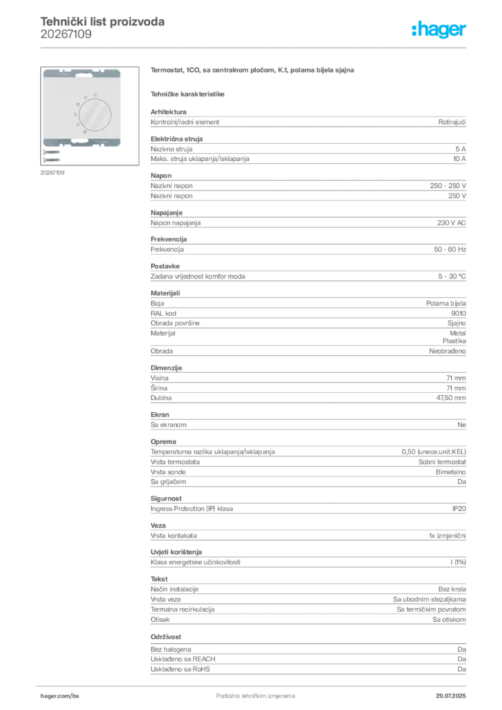 Slika Hager Product data sheet 20267109  | Hager