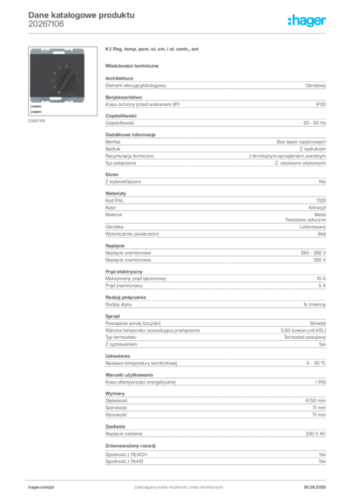 Zdjęcie Hager Karta katalogowa 20267106 | Hager Polska