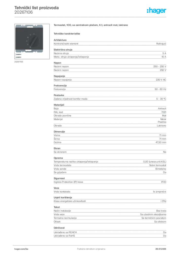 Slika Hager Product data sheet 20267106  | Hager