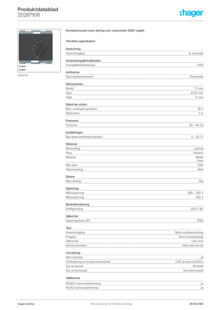 Bild Hager Produktdatablad 20267106 | Hager Sverige