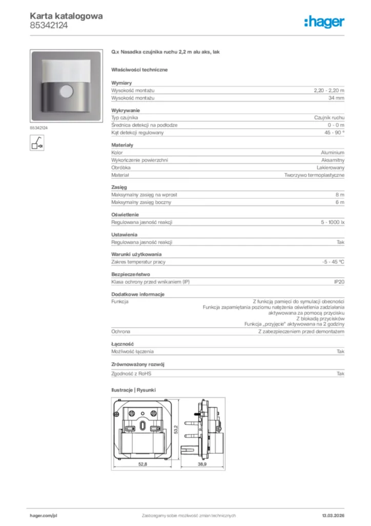 Zdjęcie Hager Karta katalogowa 85342124 | Hager Polska