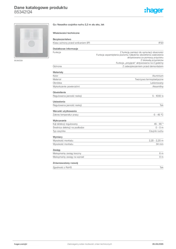 Zdjęcie Hager Karta katalogowa 85342124 | Hager Polska