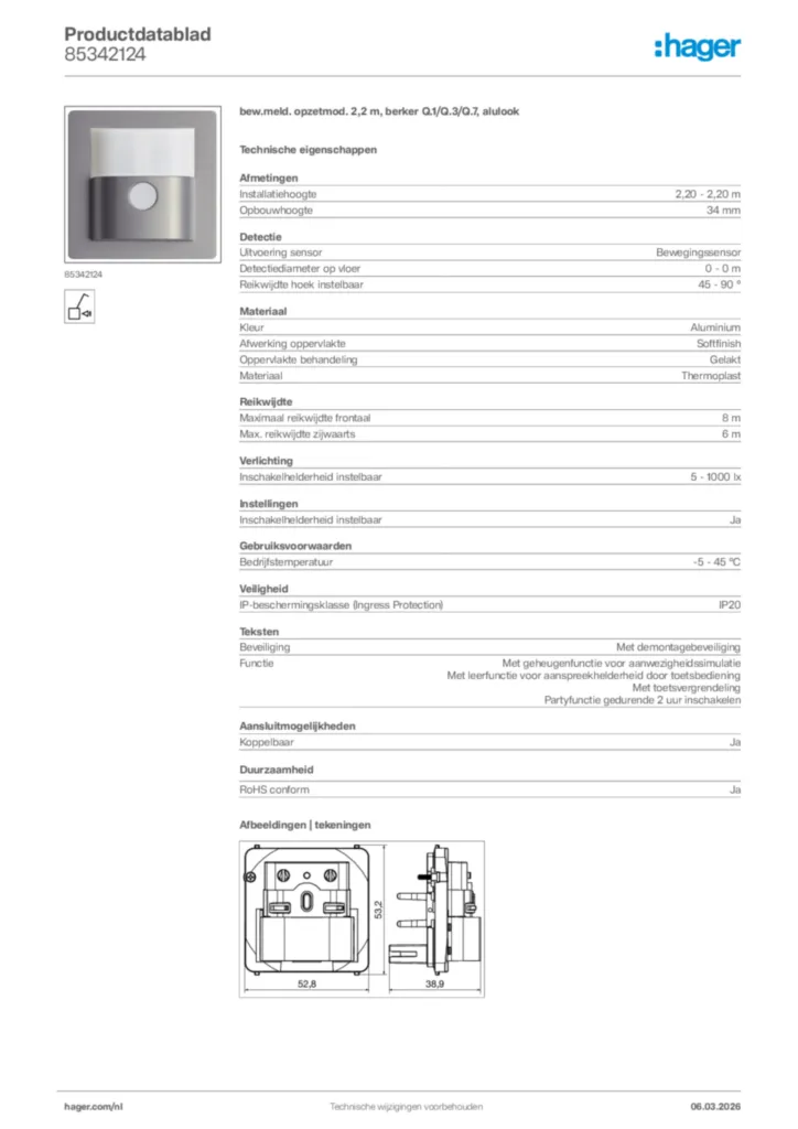 Afbeelding Hager Productdatablad 85342124 | Hager Nederland