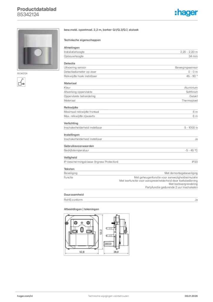 Afbeelding Hager Productdatablad 85342124 | Hager Nederland
