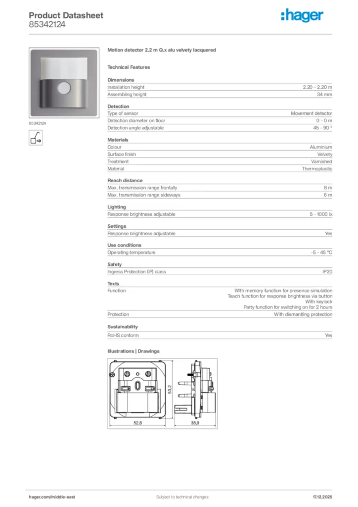 Image Hager Product data sheet 85342124  | Hager