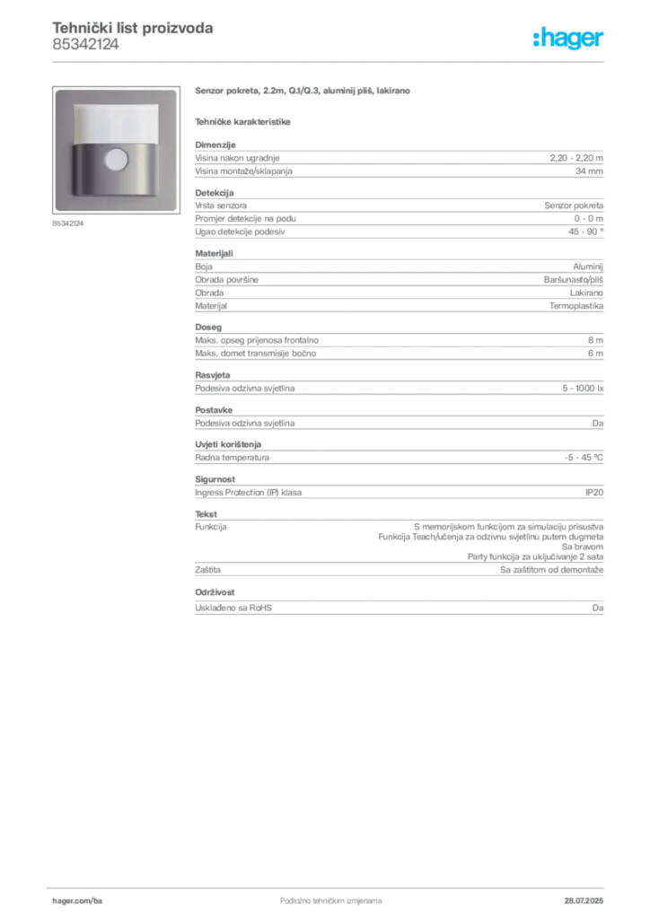 Slika Hager Product data sheet 85342124  | Hager
