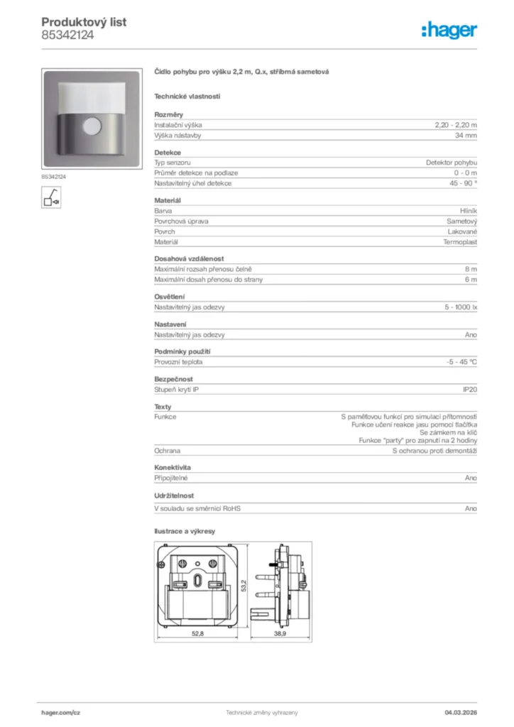 Obrázek Hager Product data sheet 85342124 | Hager