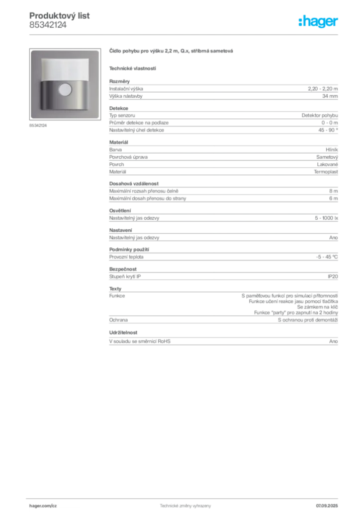 Obrázek Hager Produktový list 85342124 | Hager