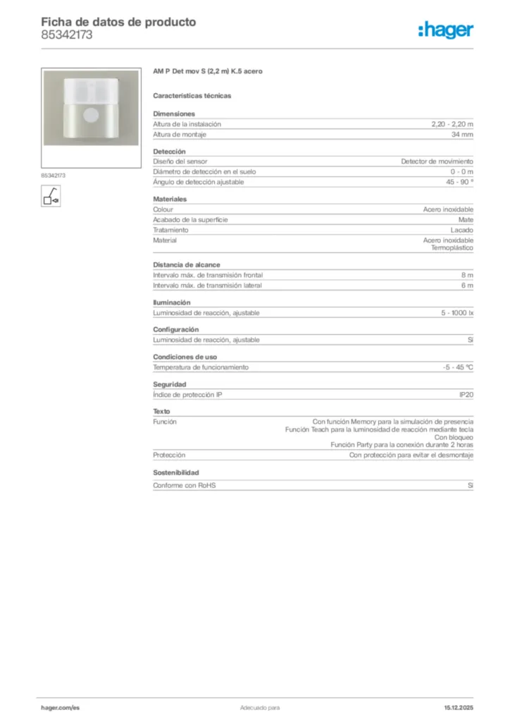 Imagen Hager Ficha de datos de producto 85342173 | Hager España