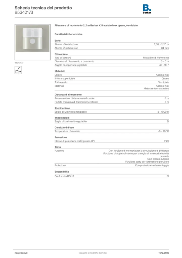 Immagine Berker Scheda tecnica del prodotto 85342173 | Hager Italia