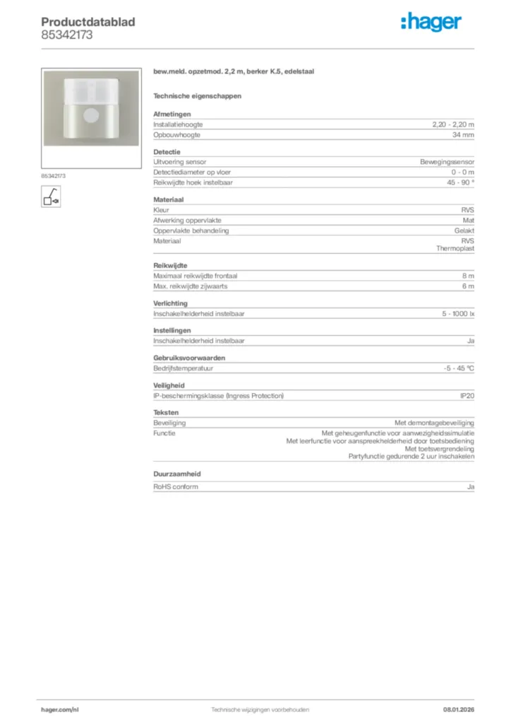 Afbeelding Hager Productdatablad 85342173 | Hager Nederland