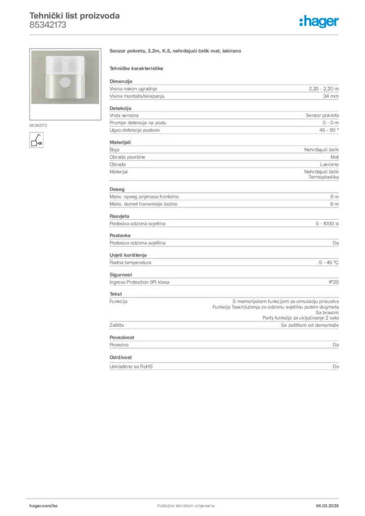 Slika Hager Tehnički list proizvoda 85342173  | Hager