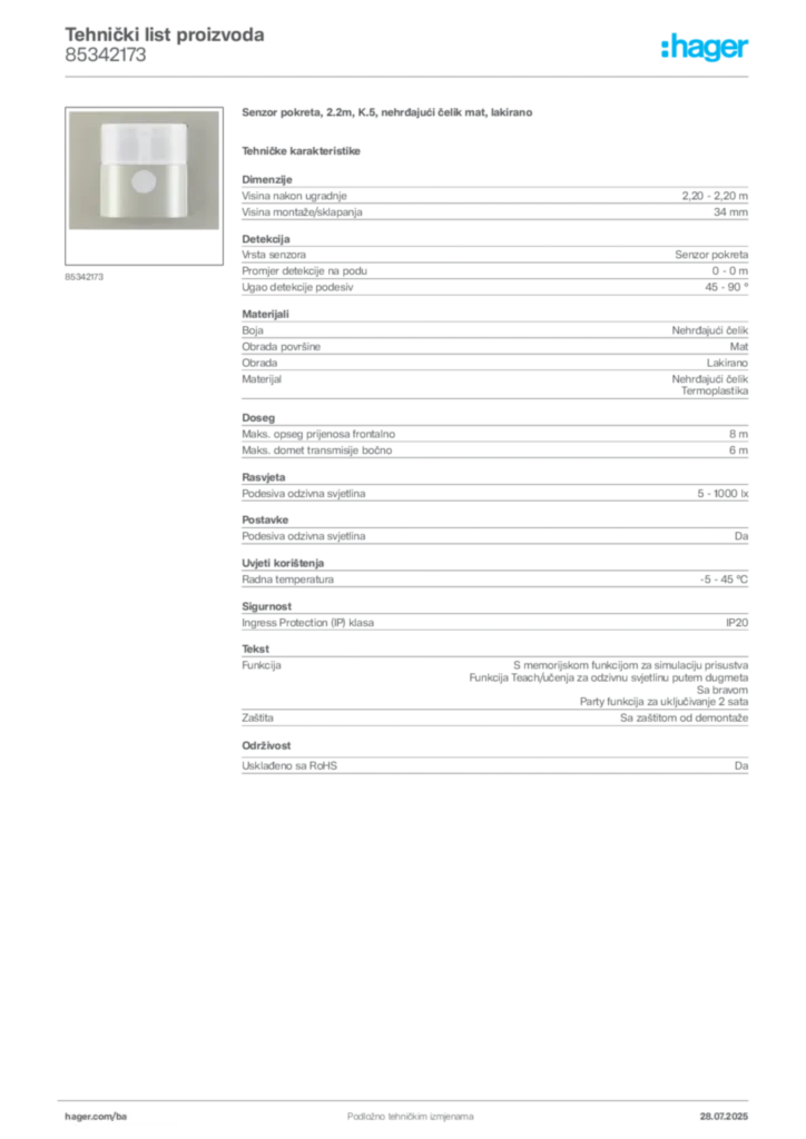 Slika Hager Product data sheet 85342173  | Hager