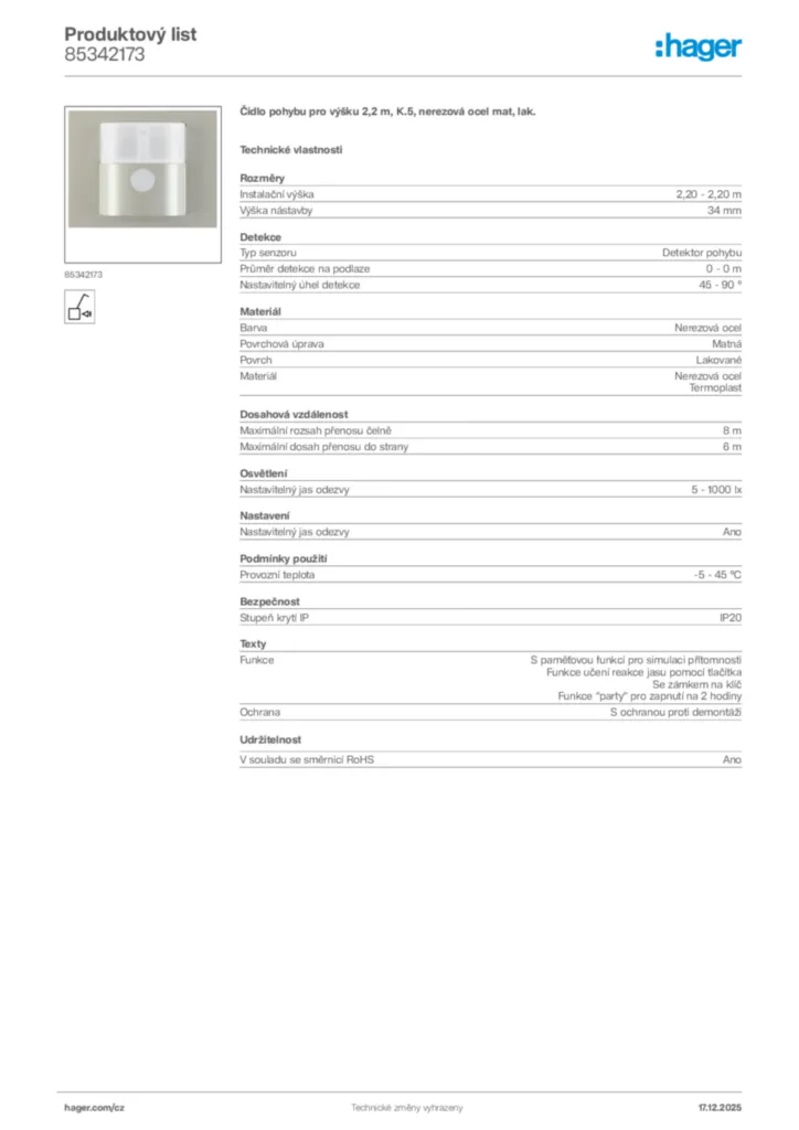 Obrázek Hager Produktový list 85342173 | Hager