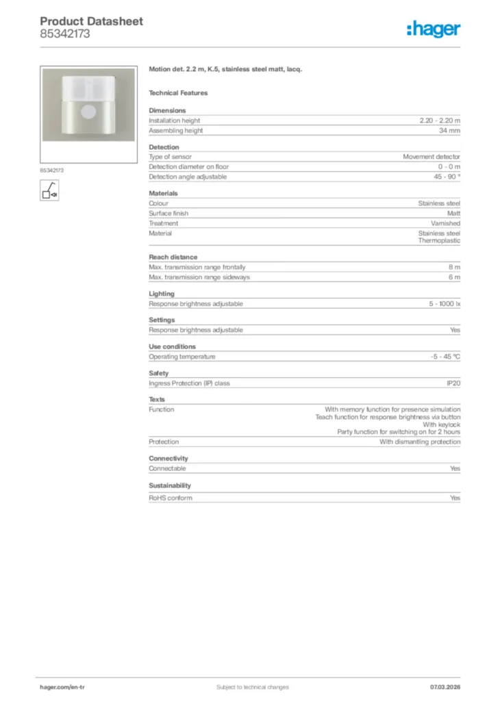 Image Hager Product data sheet 85342173  | Hager