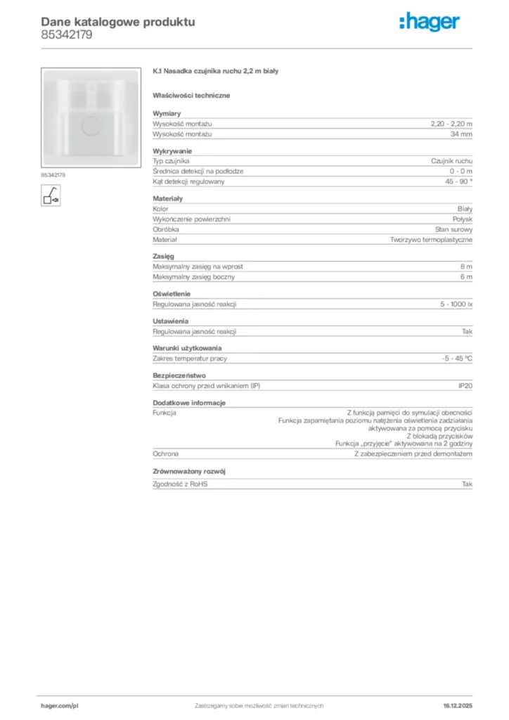 Zdjęcie Hager Karta katalogowa 85342179 | Hager Polska
