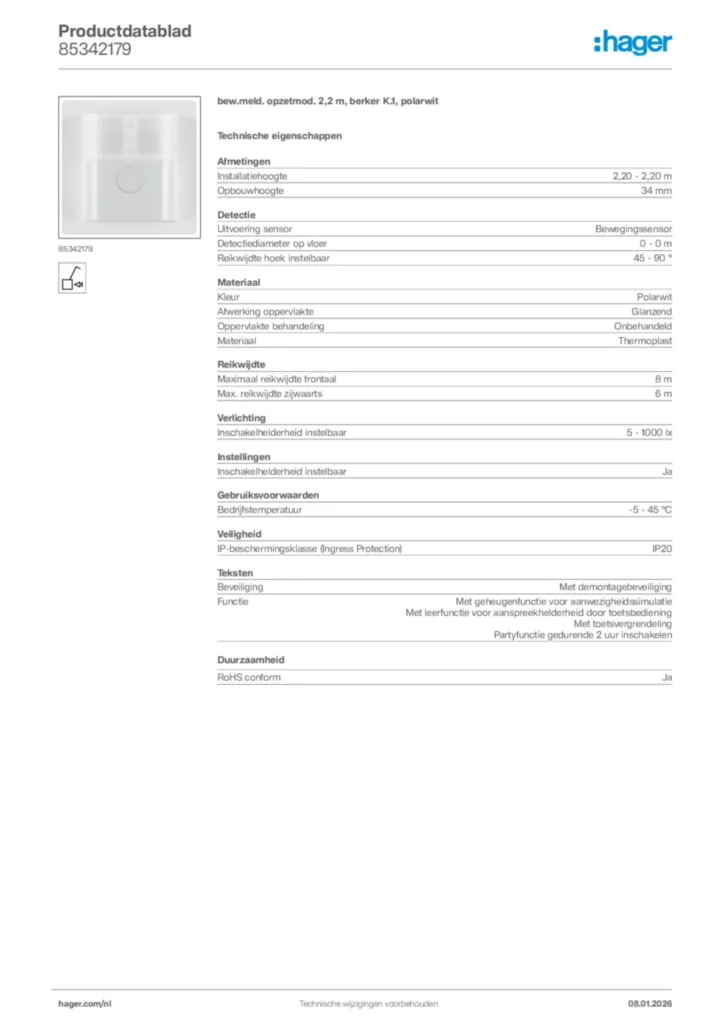 Afbeelding Hager Productdatablad 85342179 | Hager Nederland