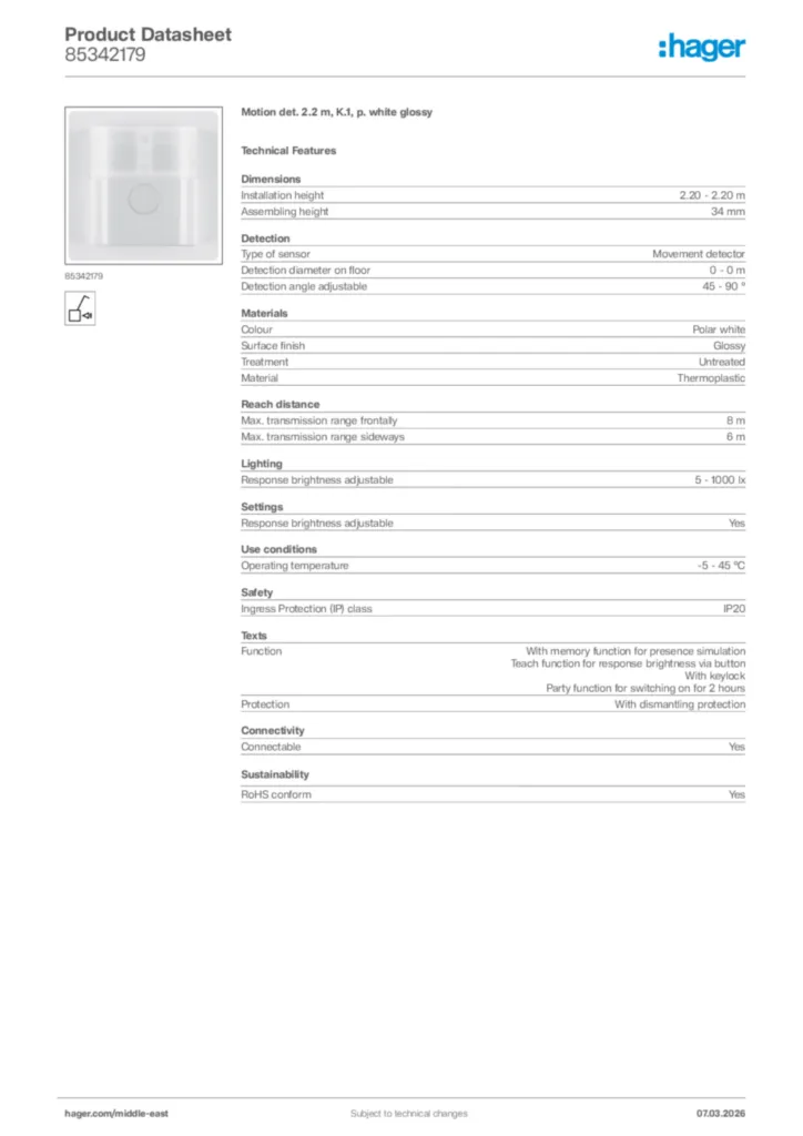 Image Hager Product data sheet 85342179  | Hager
