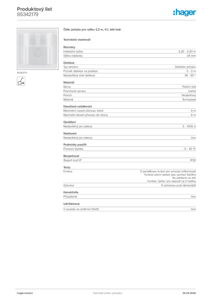 Obrázek Hager Product data sheet 85342179 | Hager