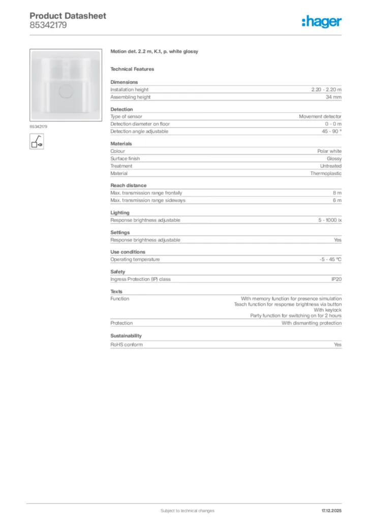 Image Hager Product data sheet 85342179  | Hager