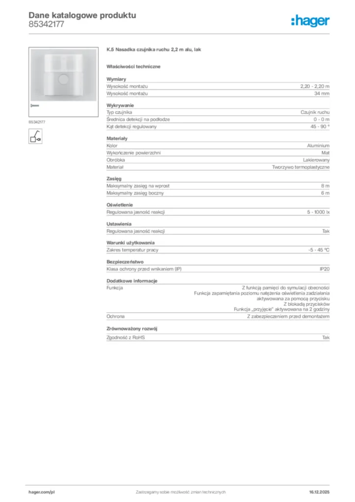Zdjęcie Hager Karta katalogowa 85342177 | Hager Polska