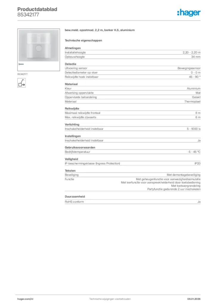 Afbeelding Hager Productdatablad 85342177 | Hager Nederland