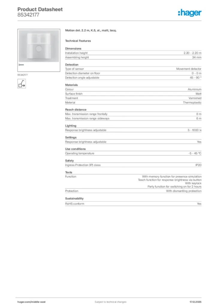 Image Hager Product data sheet 85342177  | Hager