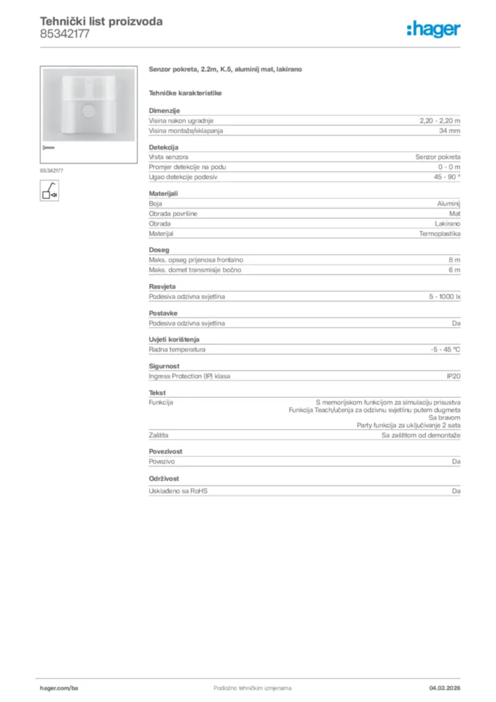 Slika Hager Tehnički list proizvoda 85342177  | Hager