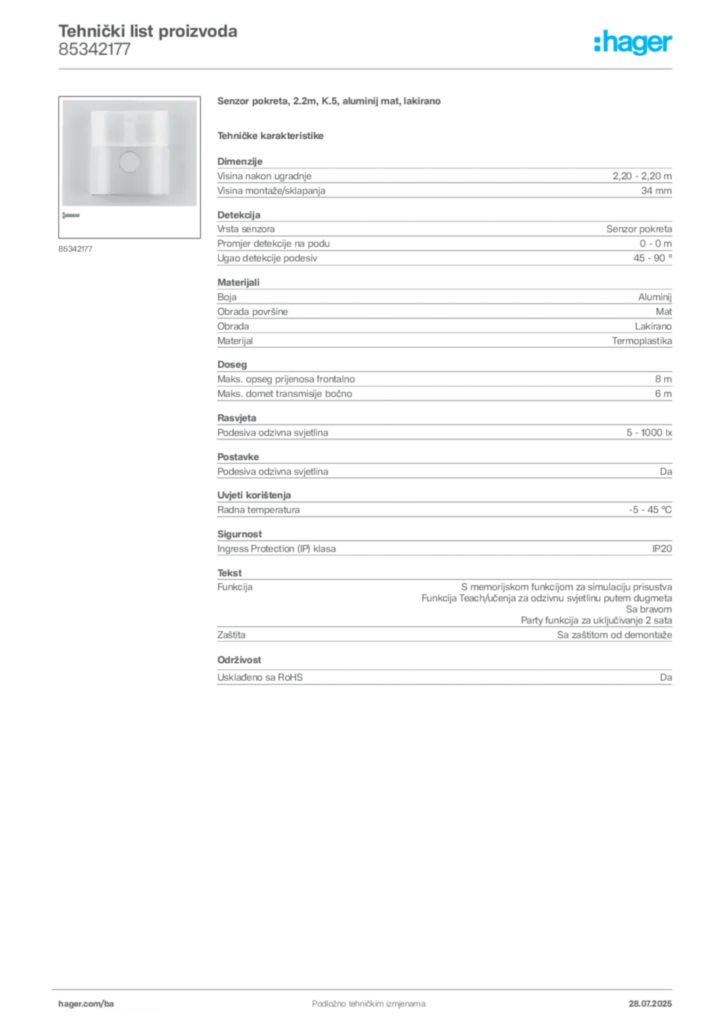 Slika Hager Product data sheet 85342177  | Hager