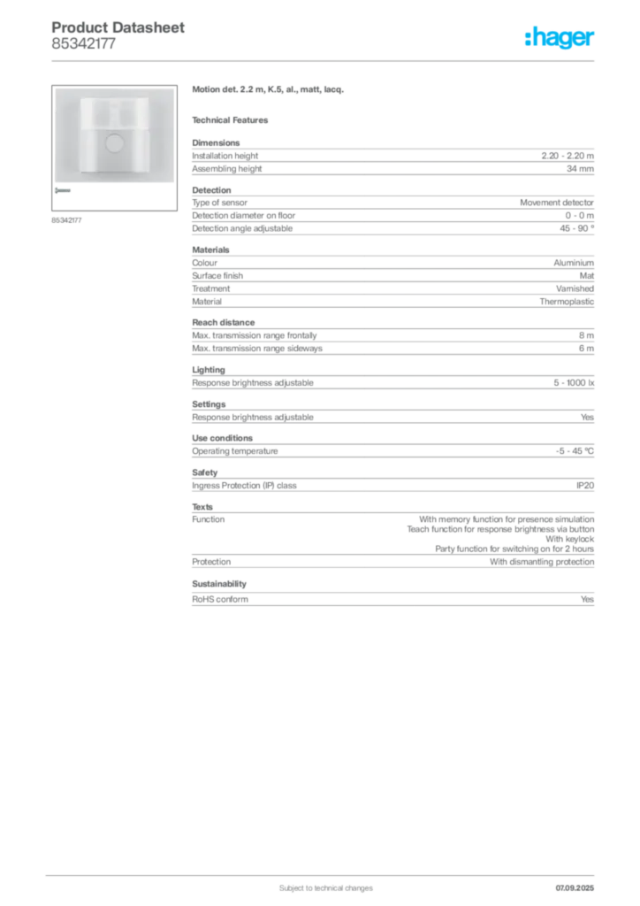 Image Hager Product data sheet 85342177  | Hager