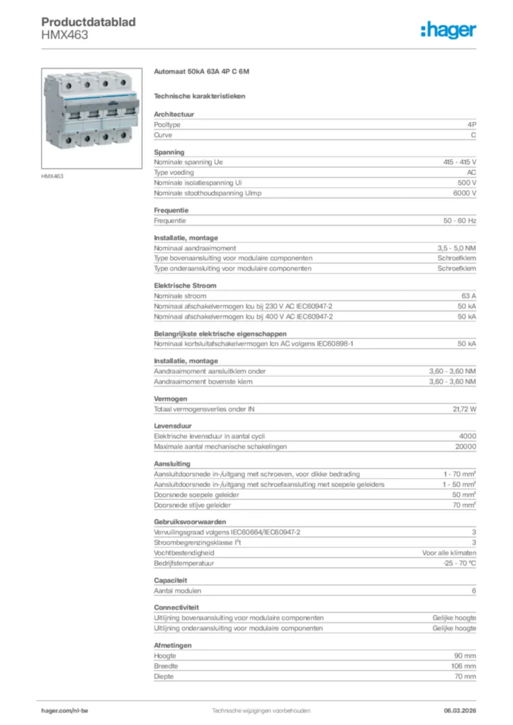 Afbeelding Hager Productdatablad HMX463 | Hager Belgium