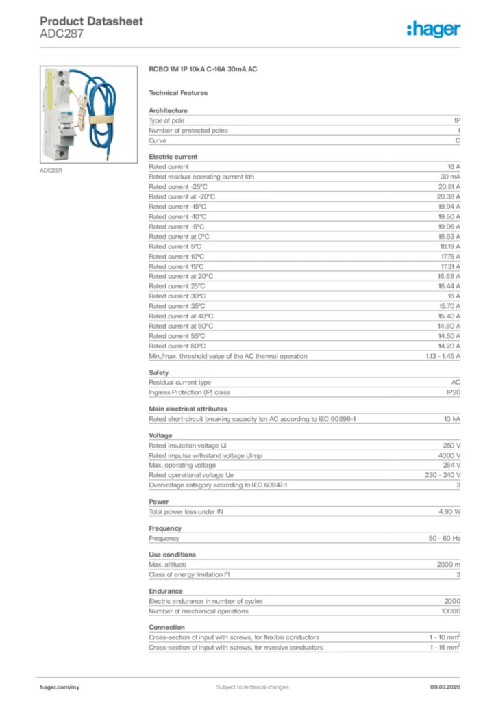 Image Hager Product data sheet ADC287  | Hager