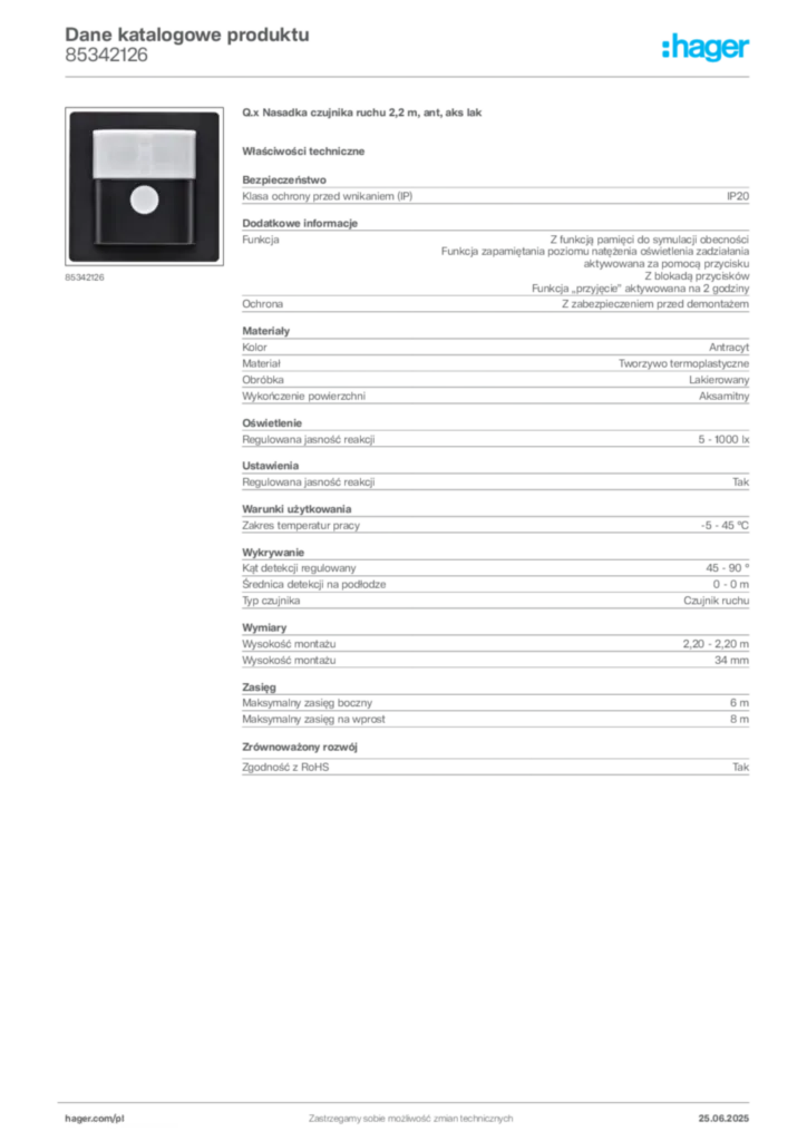 Zdjęcie Hager Karta katalogowa 85342126 | Hager Polska