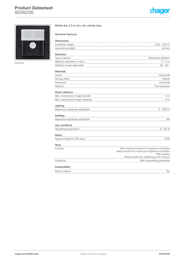 Image Hager Product data sheet 85342126  | Hager