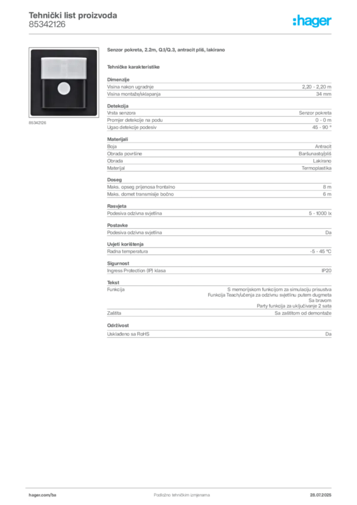 Slika Hager Product data sheet 85342126  | Hager