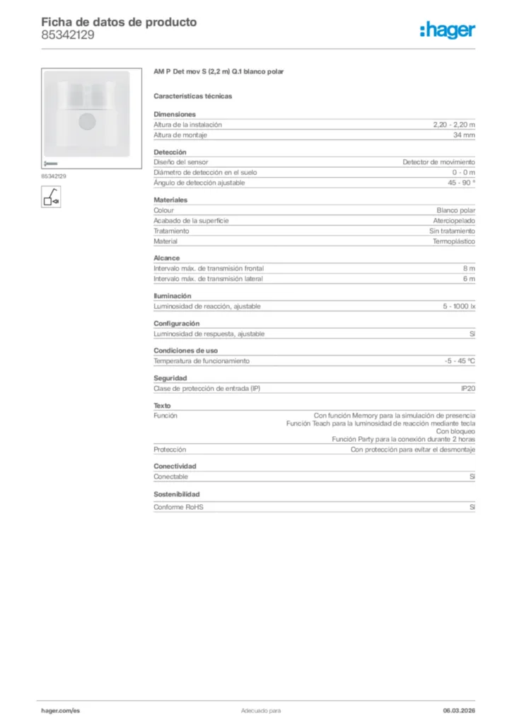 Imagen Hager Ficha de datos de producto 85342129 | Hager España