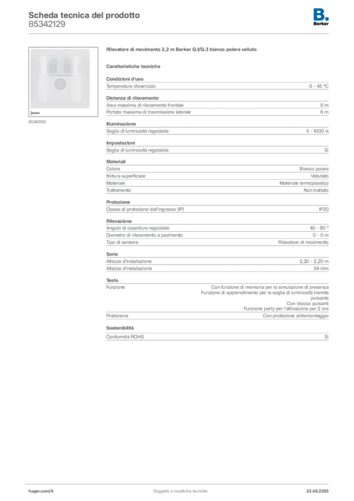 Immagine Berker Scheda tecnica del prodotto 85342129 | Hager Italia