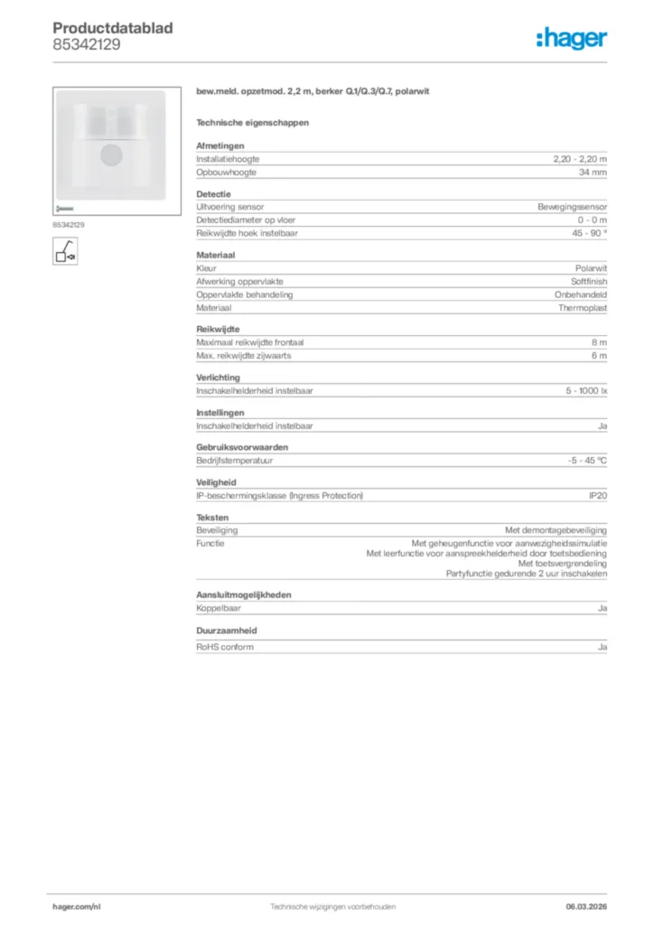 Afbeelding Hager Productdatablad 85342129 | Hager Nederland