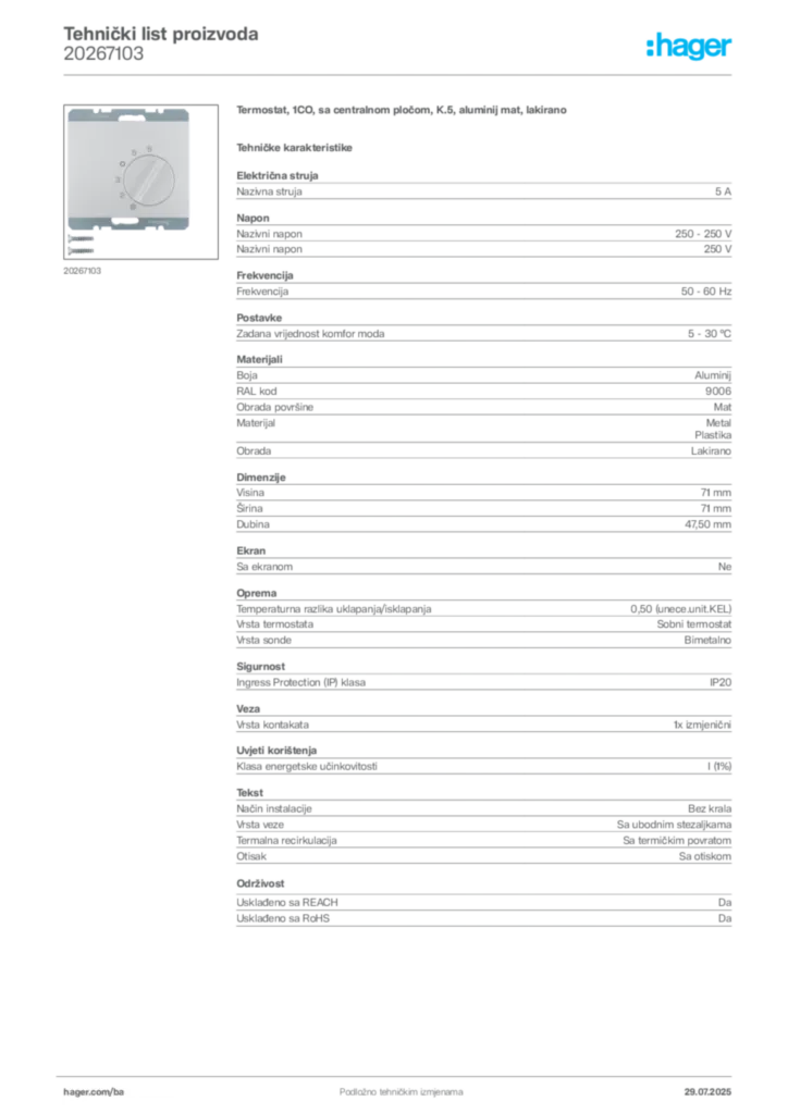 Slika Hager Product data sheet 20267103  | Hager