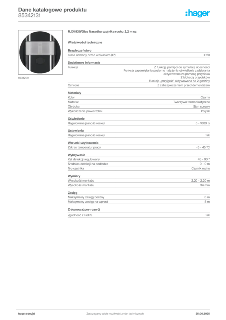 Zdjęcie Hager Karta katalogowa 85342131 | Hager Polska