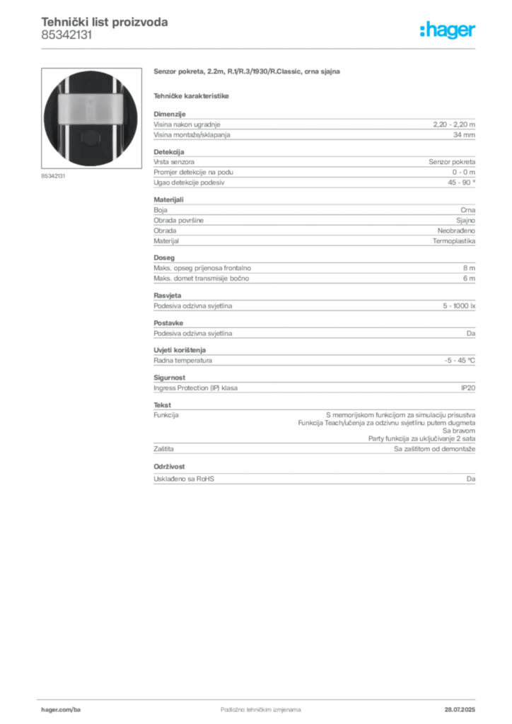 Slika Hager Product data sheet 85342131  | Hager