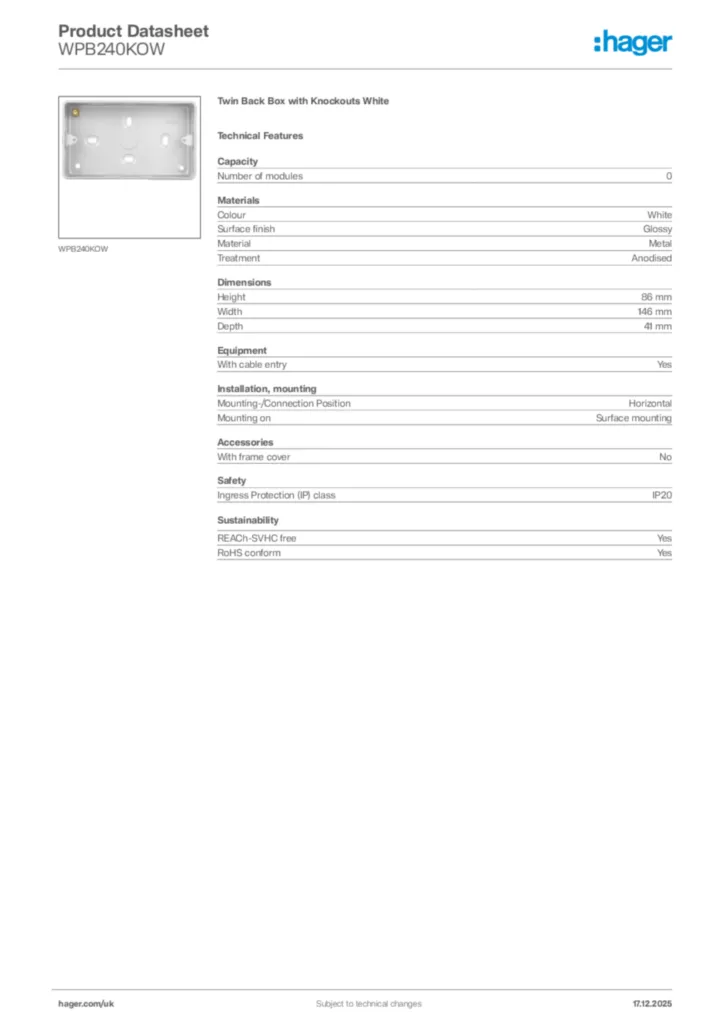 Image Hager Product data sheet WPB240KOW  | Hager