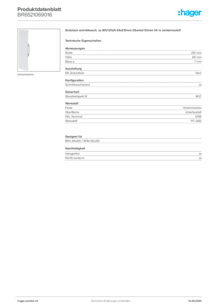Bild Hager Produktdatenblatt BR6521069016 | Hager Schweiz