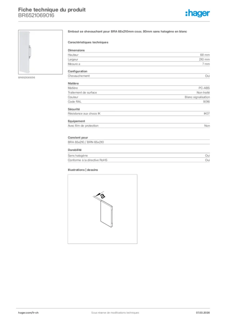 Image Hager Fiche technique du produit BR6521069016 | Hager Suisse