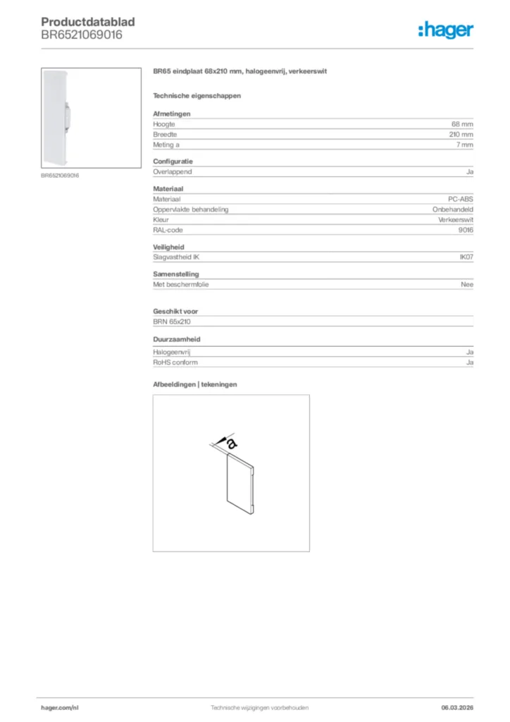 Afbeelding Hager Productdatablad BR6521069016 | Hager Nederland