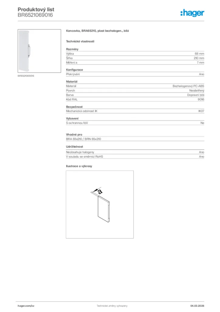 Obrázek Hager Product data sheet BR6521069016 | Hager