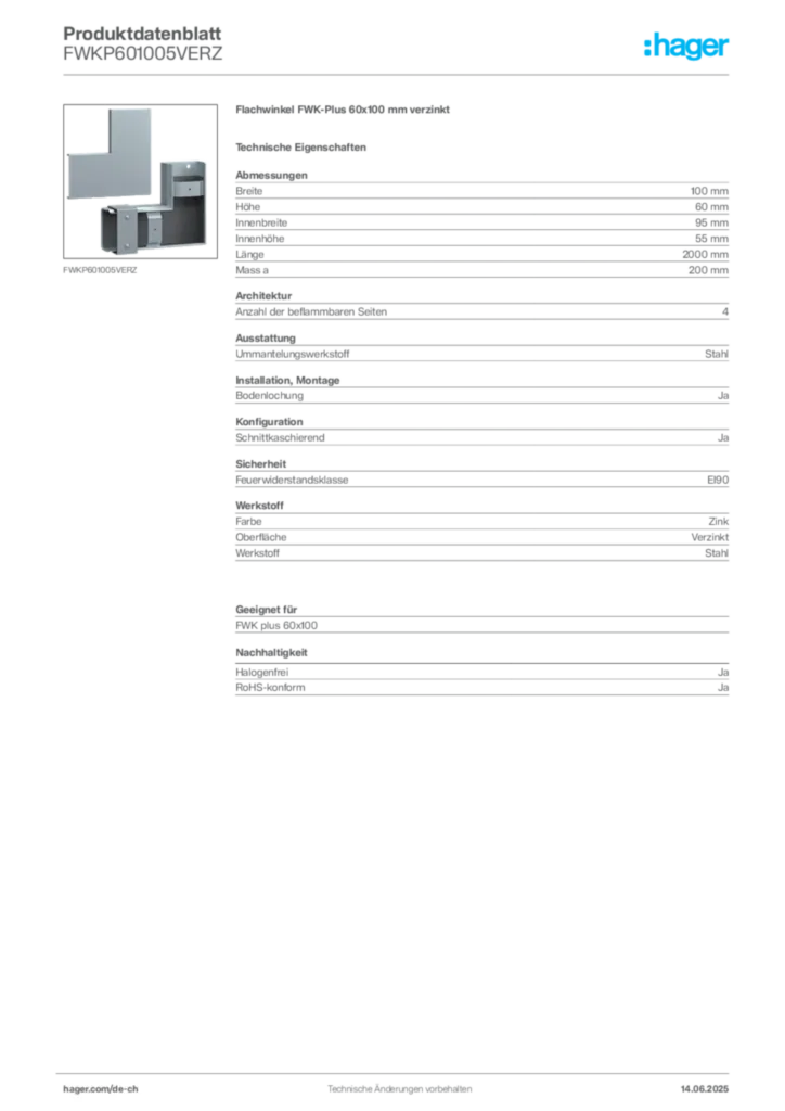 Bild Hager Produktdatenblatt FWKP601005VERZ | Hager Schweiz