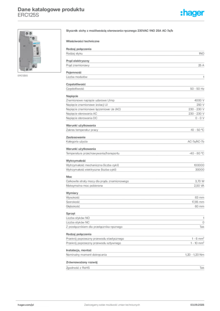 Zdjęcie Hager Karta katalogowa ERC125S | Hager Polska
